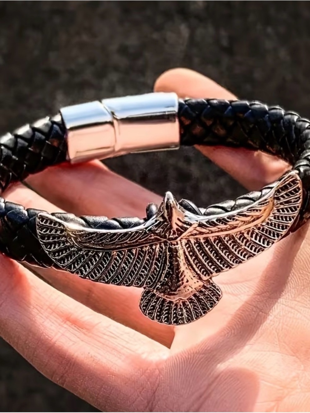 Black Braided Leather Bracelet with Silver Eagle Accent
